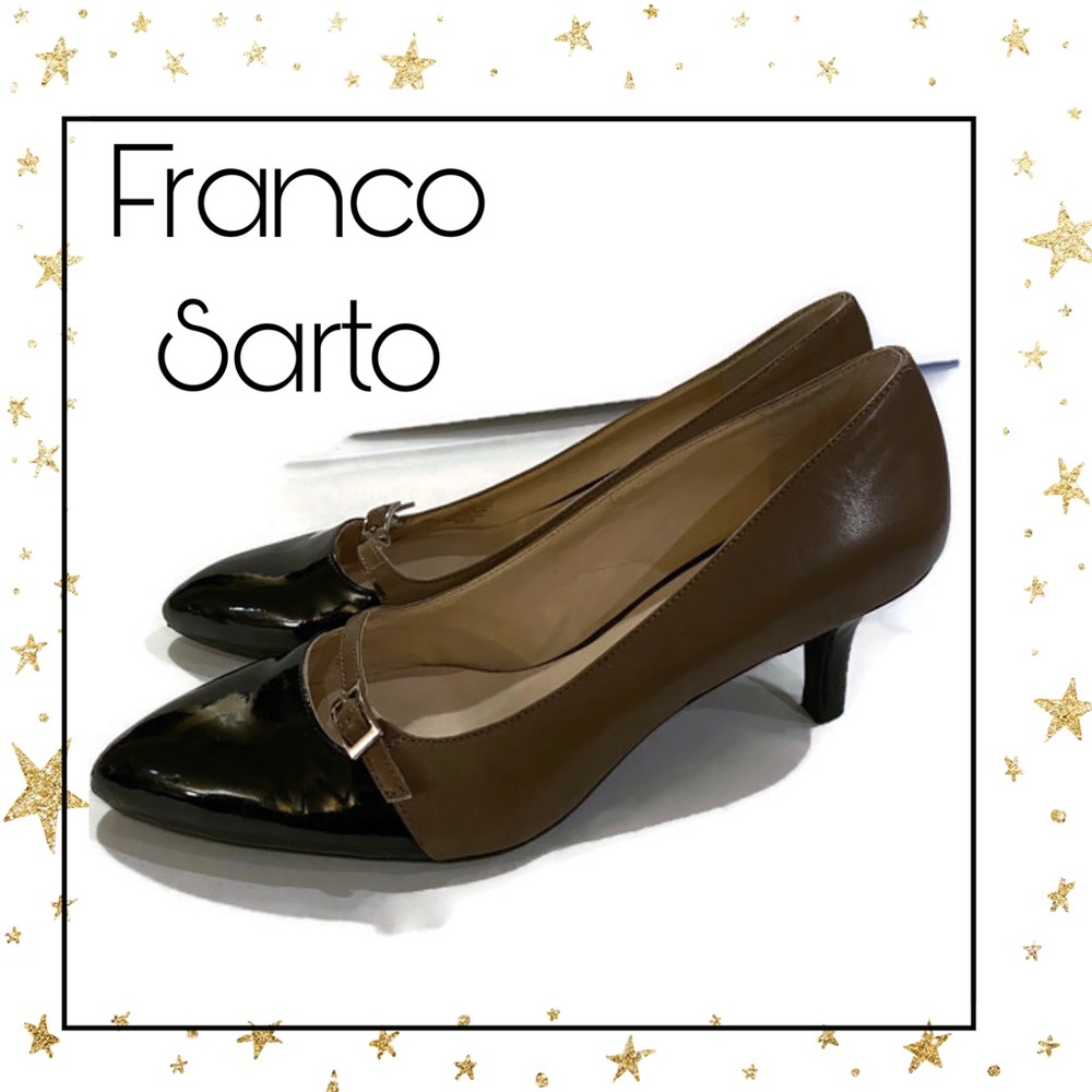 Franco Sarto Beige Black Leather Heels 8 - Picture 1 of 6